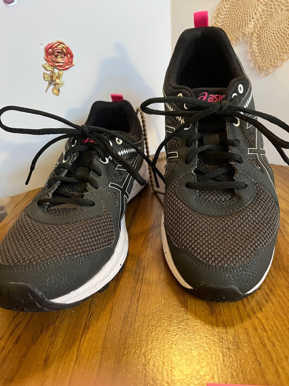 Asics Black Sneakers with Pink Pull Tabs Size 10